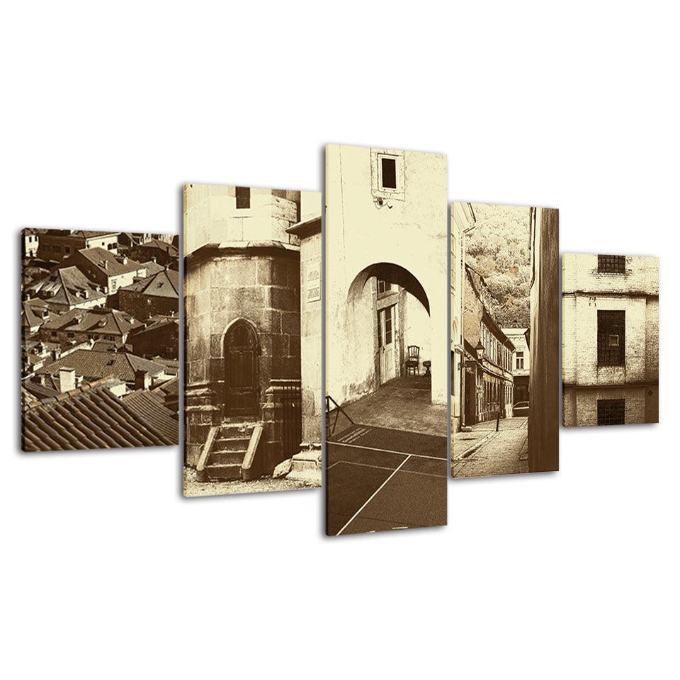The Vintage Brown Town 5 Piece HD Multi Panel Canvas Wall Art Frame-Original Frame
