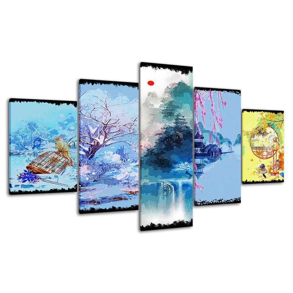 The Abstract Japanese Collection 5 Piece HD Multi Panel Canvas Wall Art Frame-Original Frame