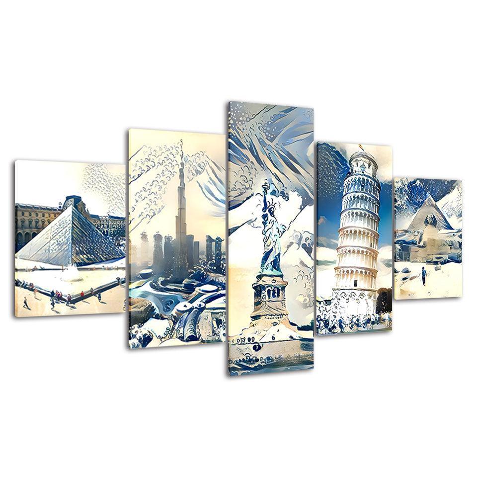 Wonders Of The World 5 Piece HD Multi Panel Canvas Wall Art Frame-Original Frame