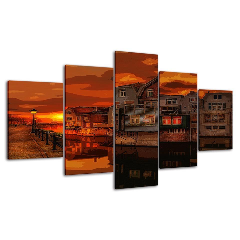 An Orange Evening In Town Collection 5 Piece HD Multi Panel Canvas Wall Art Frame-Original Frame