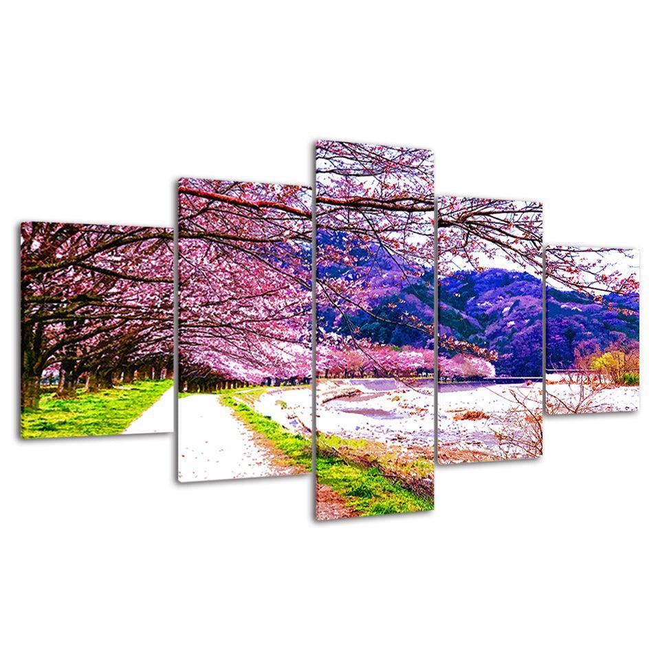 The Cherry Blossom  5 Piece HD Multi Panel Canvas Wall Art Frame-Original Frame