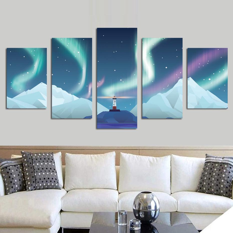 Aurora Lighthouse 5 Piece HD Multi Panel Canvas Wall Art Frame-Original Frame