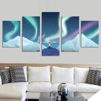 Aurora Lighthouse 5 Piece HD Multi Panel Canvas Wall Art Frame-Original Frame
