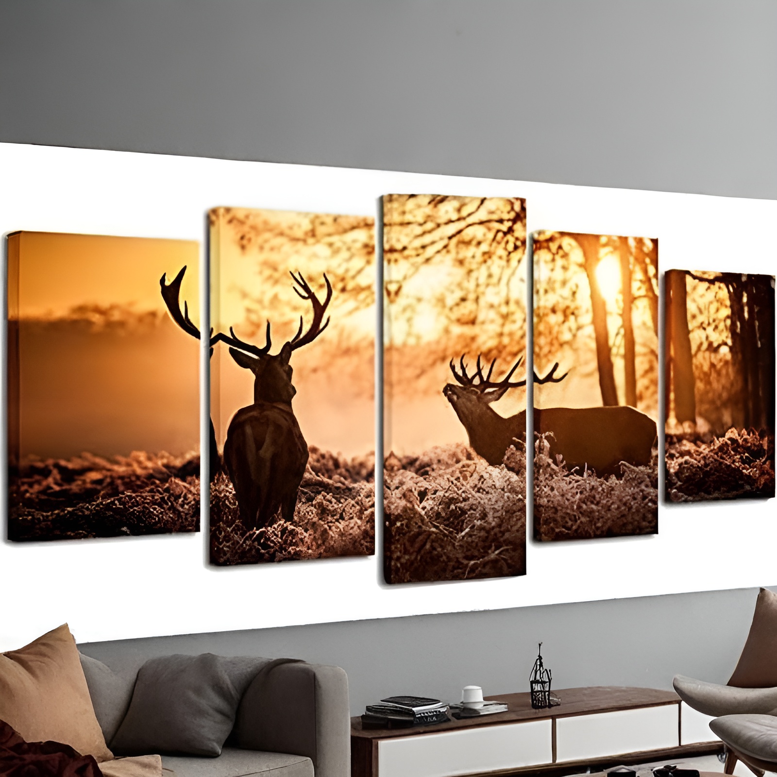 5 Piece Deer Elks In Autumn Sunset Forest Wall Art 