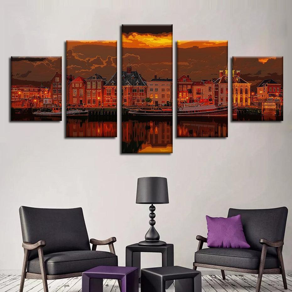 Netherlands Port 5 Piece HD Multi Panel Canvas Wall Art Frame-Original Frame