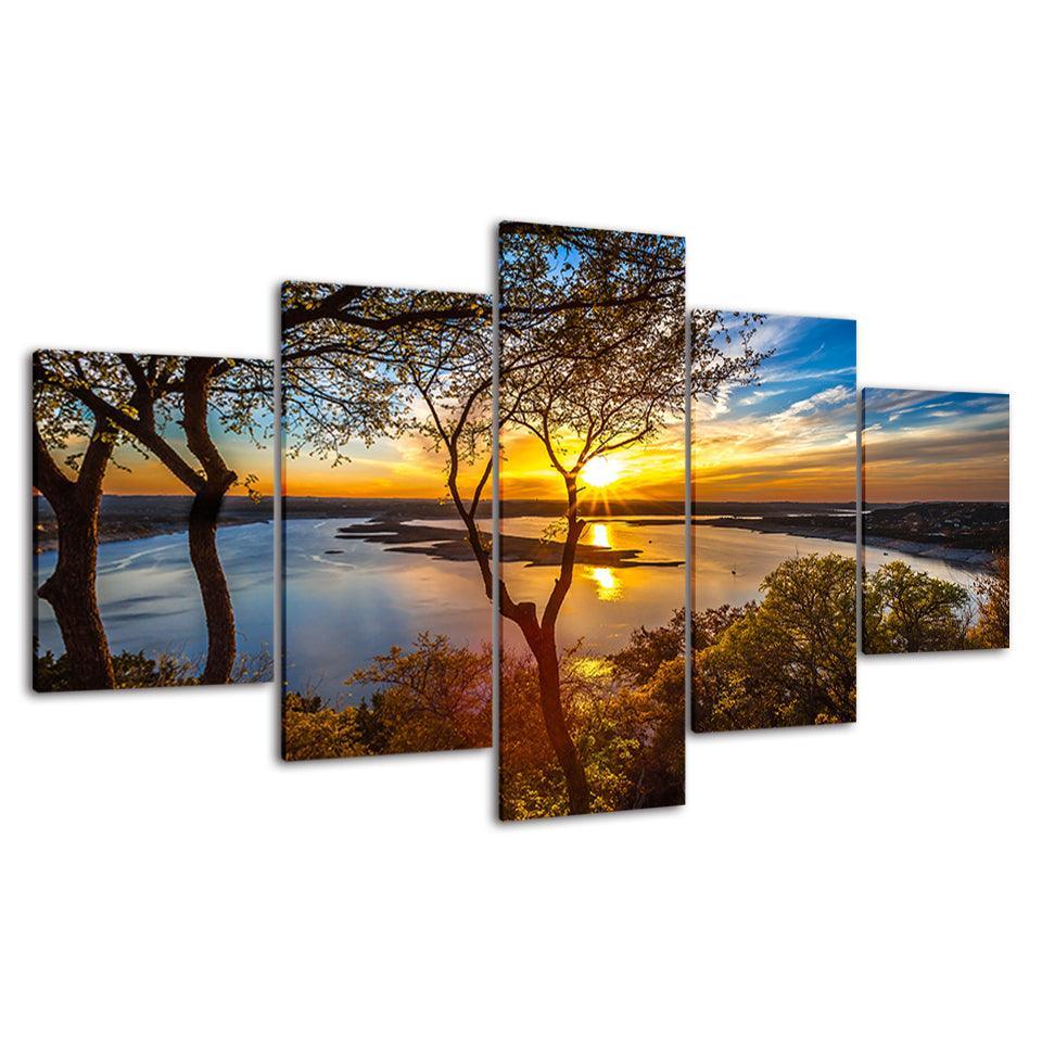 Sunset Lake View Five-Panel Canvas Art Frame-Original Frame