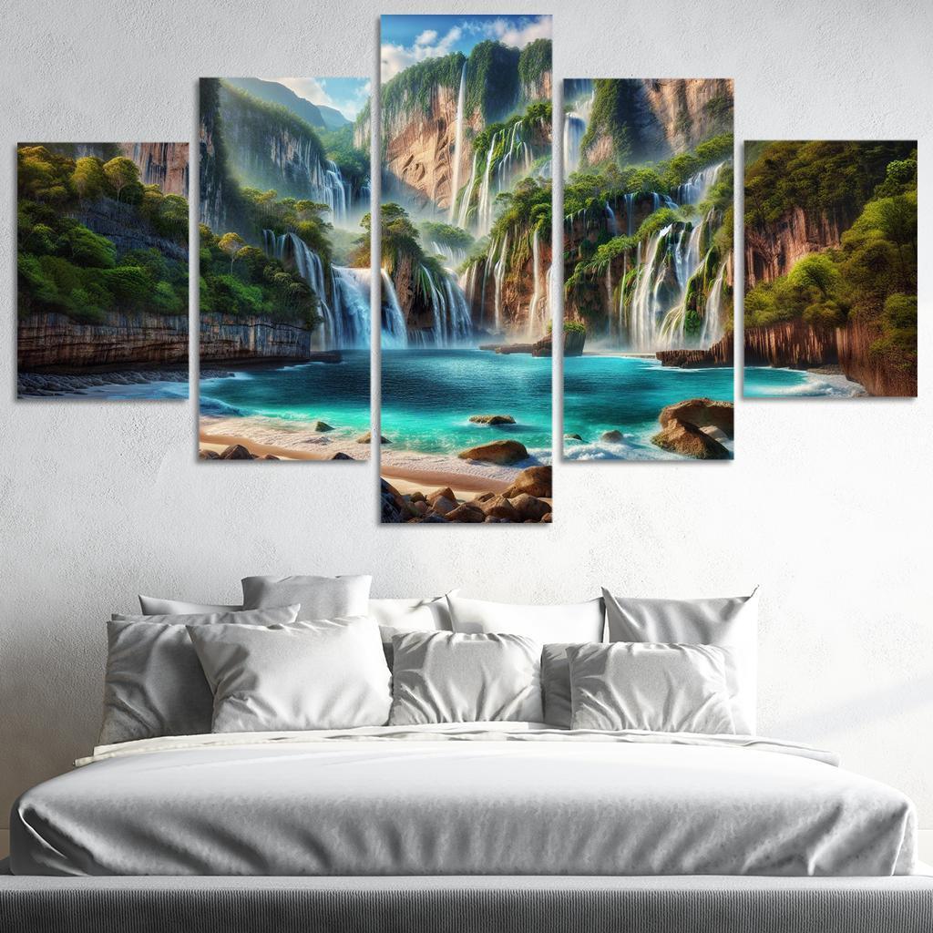 Cascading Waters Beach With Waterfalls Custom Paintings Frame