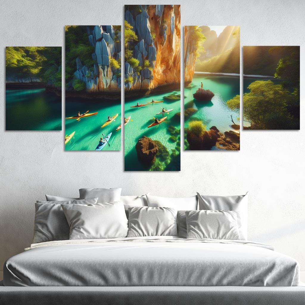 Emerald Shore Kayaking And Scenic Views Modern Paintings Frame