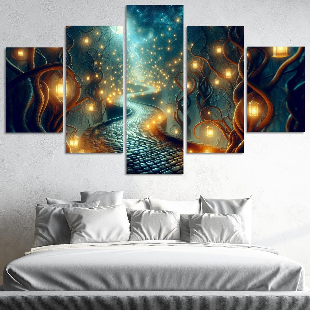 Moonlit Pathway The Journey of Shadows 5 Piece HD Canvas Wall Art-Original Frame