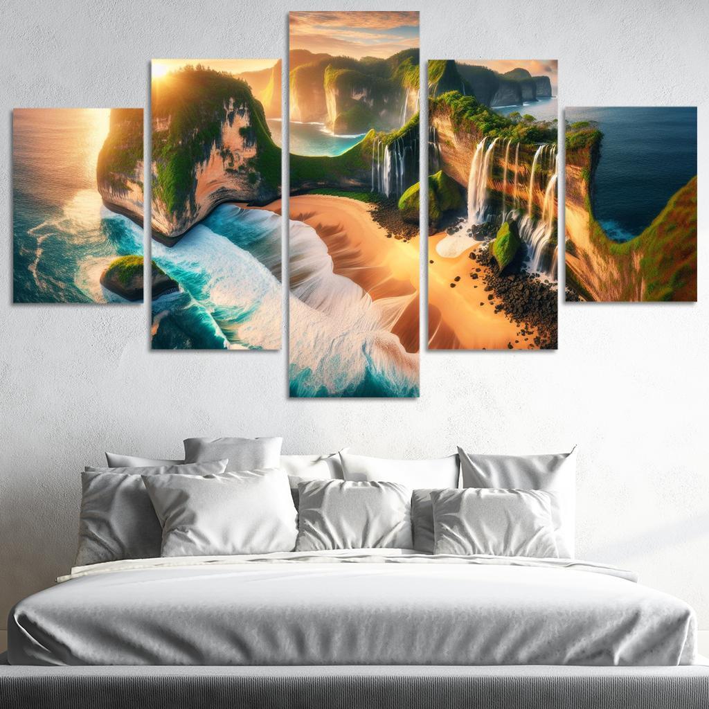 Cascading Waterfalls Beach Natural Wonder Oil Paintings Frame