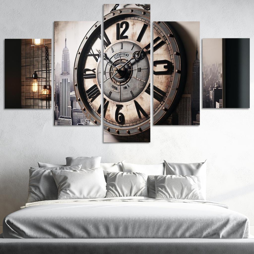 Industrial-Style Wall Clock with Distressed Finish 5 Piece HD Canvas Wall Art-Original Frame
