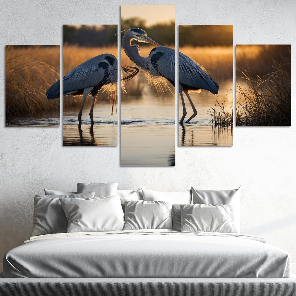 The Majestic Great Blue Heron By The Waterside Framed Paintings