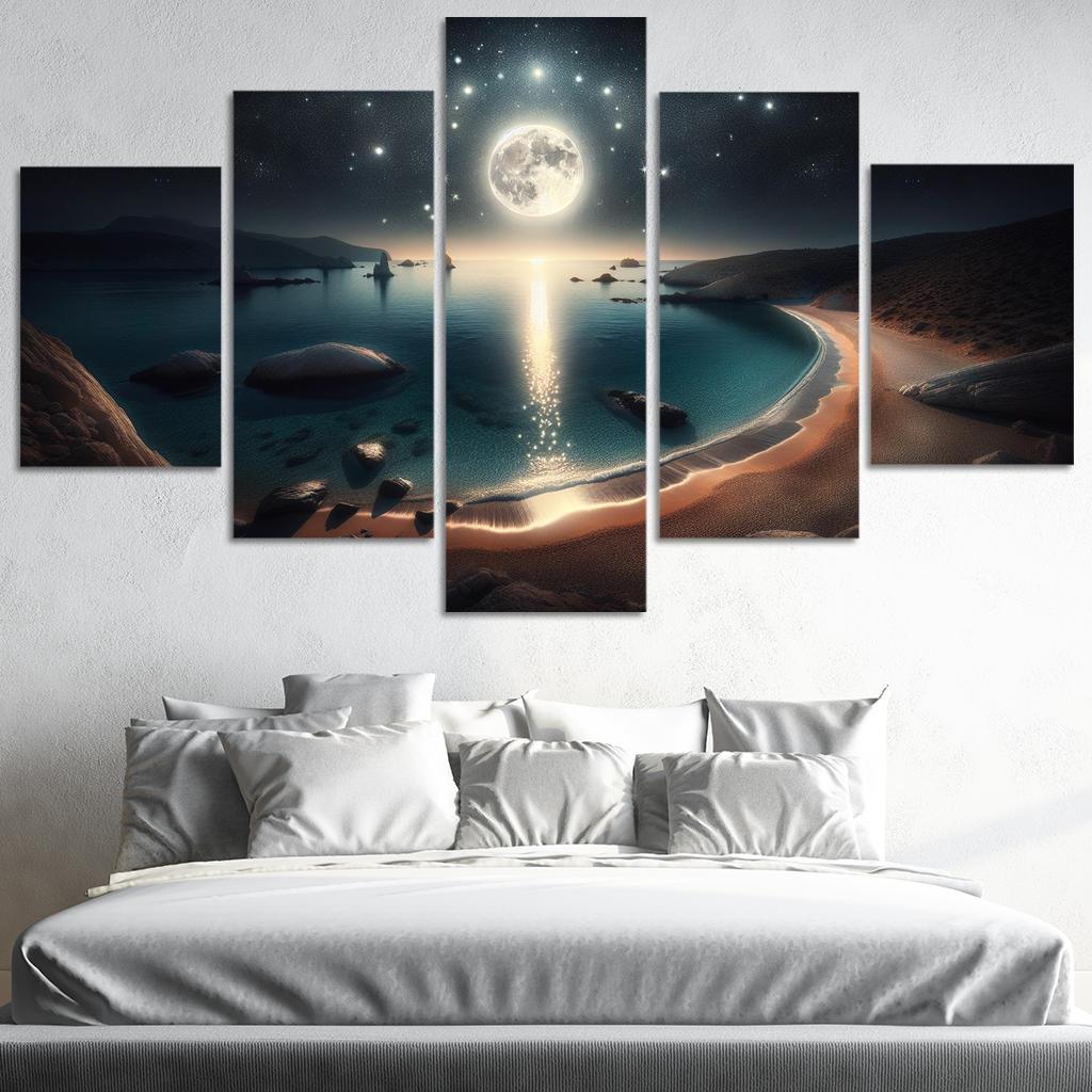 Moonlit Harbor A Coastal Retreat for Stargazers 5 Piece HD Canvas Wall Art-Original Frame