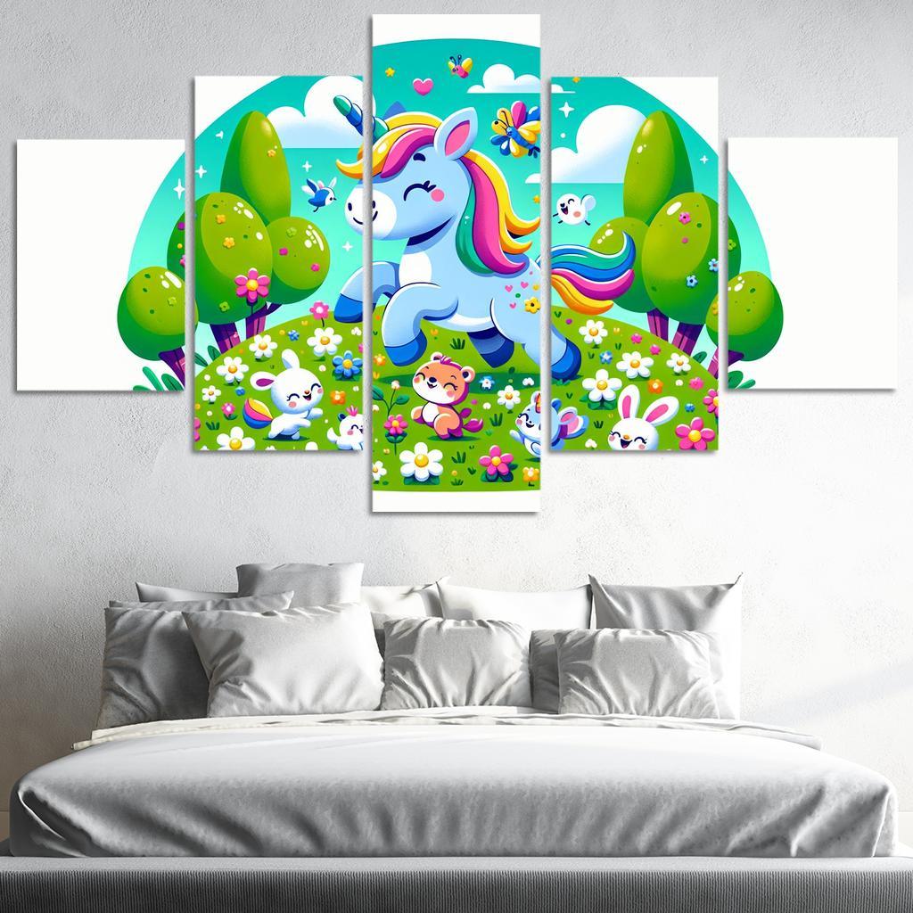 Rainbow Unicorn Friends 5 Piece HD Canvas Wall Art-Original Frame