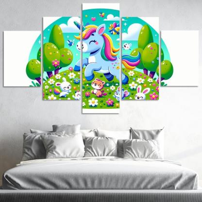 Rainbow Unicorn Friends 5 Piece HD Canvas Wall Art-Original Frame
