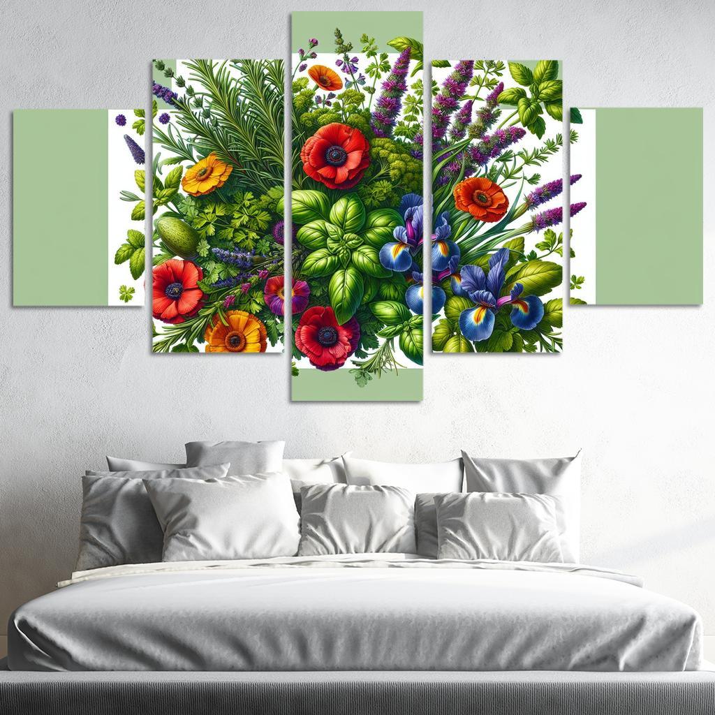 Aromatic Garden The Herb and Blossom Fusion 5 Piece HD Canvas Wall Art-Original Frame
