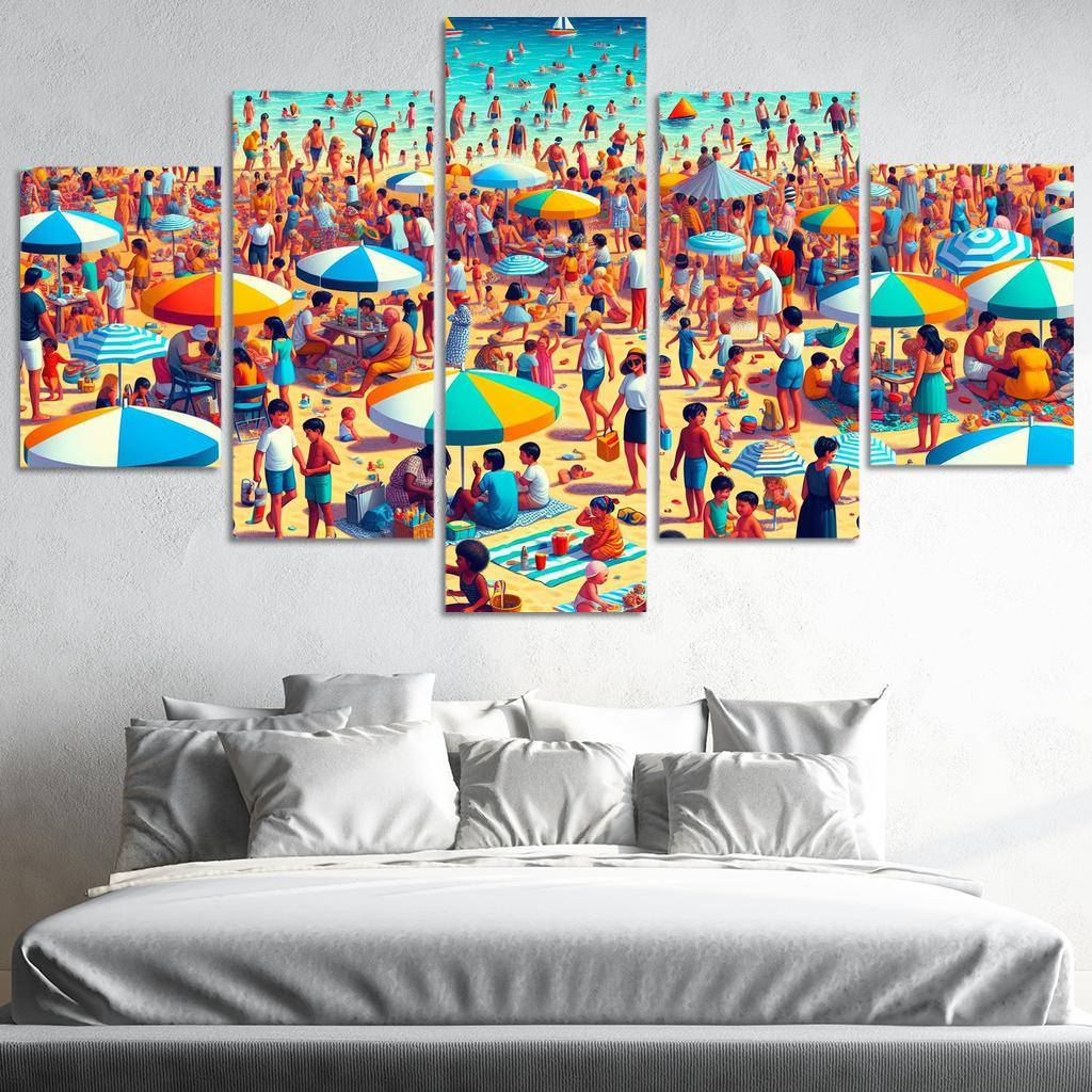 Colorful Haven Family Beach Activities Modern Paintings Frame