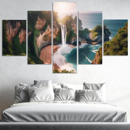 Cascading Waterfalls Beach Modern Paintings Frame
