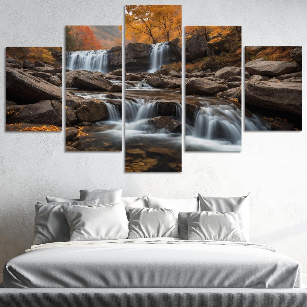 The Golden Cascade Of Autumn Waterfall Multi-panel Paintings