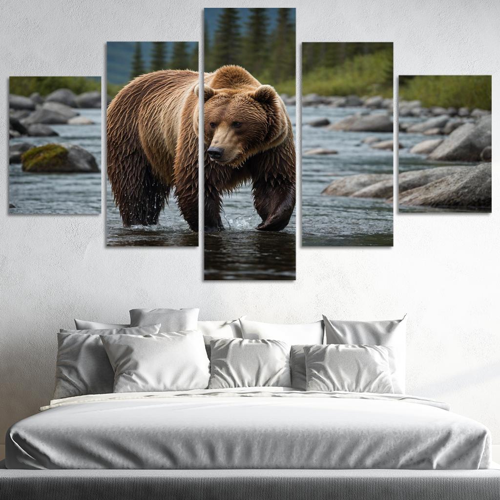 The Majestic Alaskan Brown Bear In A Mountain Stream Framed Paintings