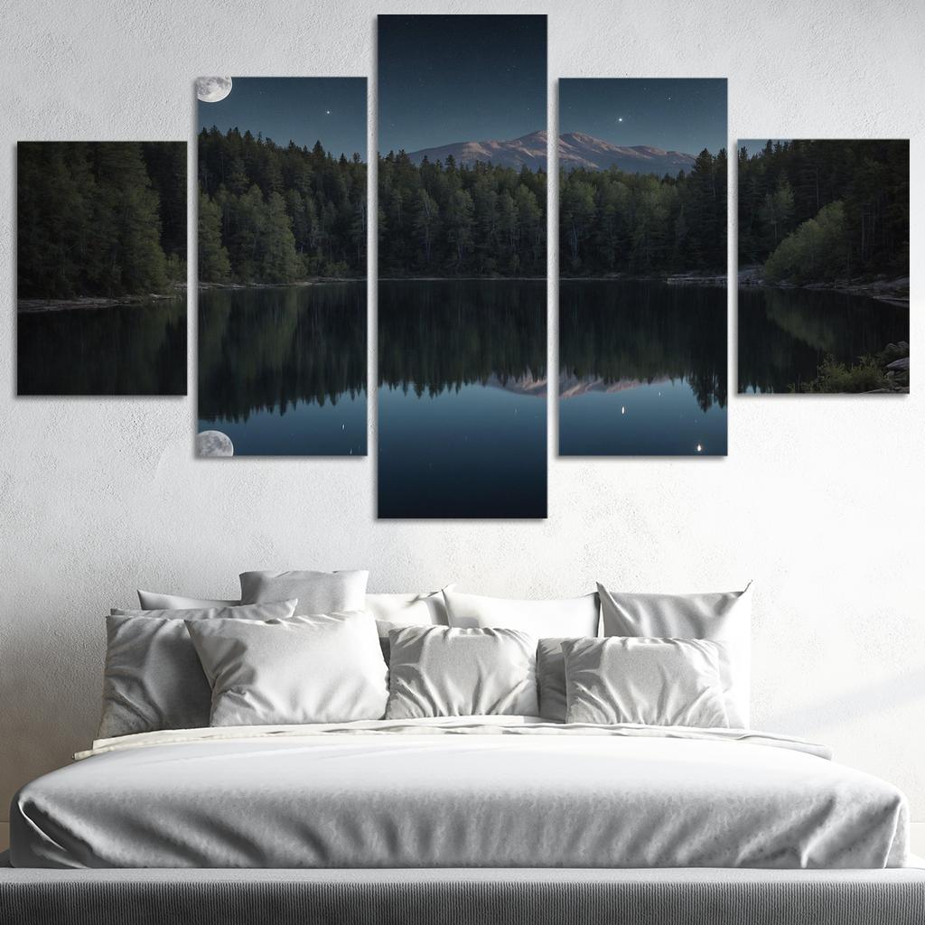 The Tranquil Reflections Of Midnight Lake Multi-panel Paintings