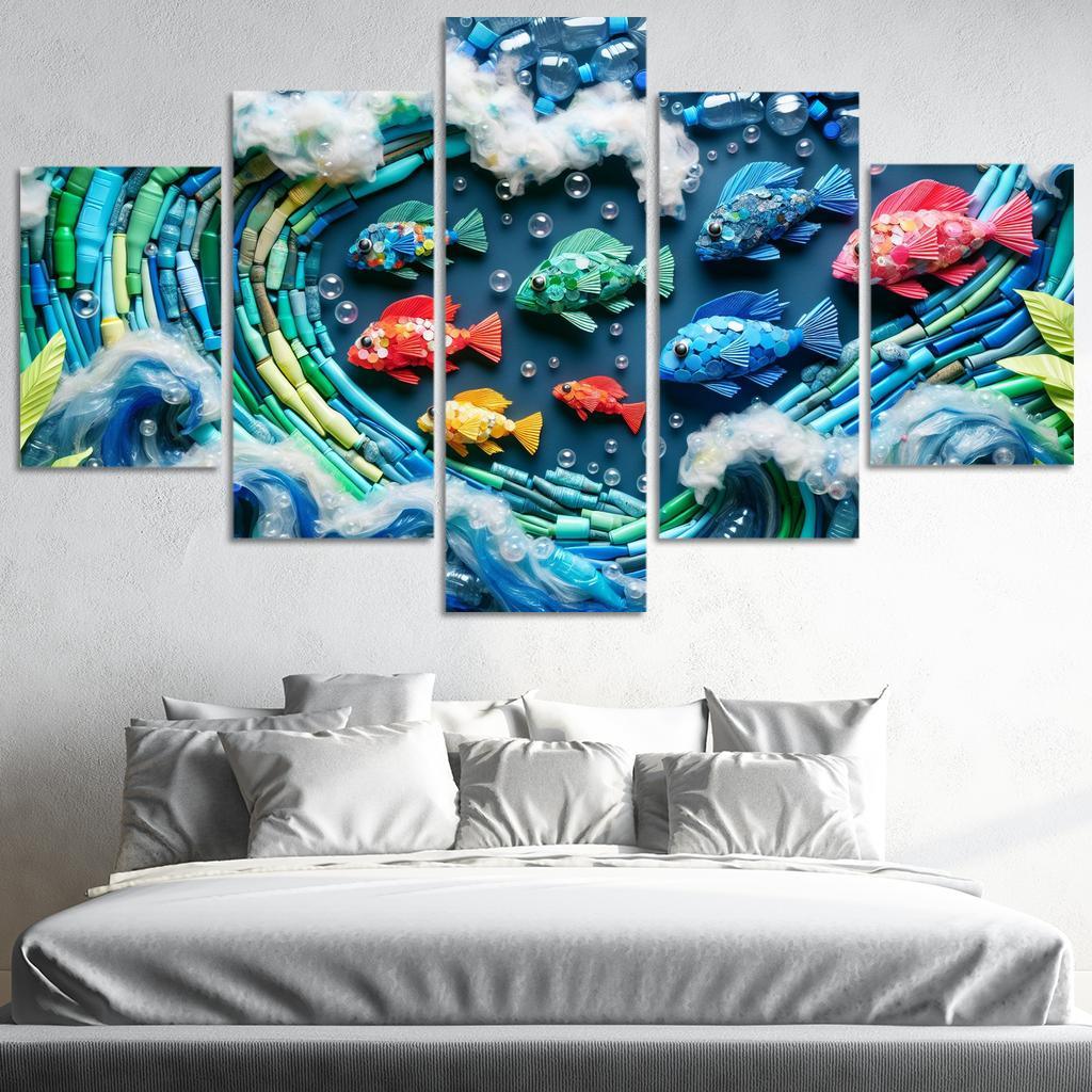 Plastic Ocean Art for Ocean Conservation 5 Piece HD Canvas Wall Art-Original Frame