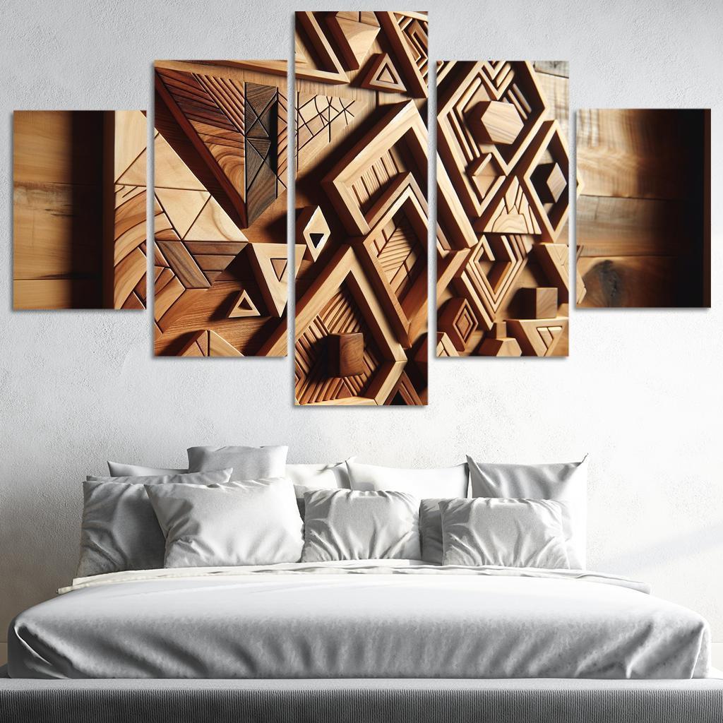 Geometric Wooden Wall Shelves 5 Piece HD Canvas Wall Art-Original Frame