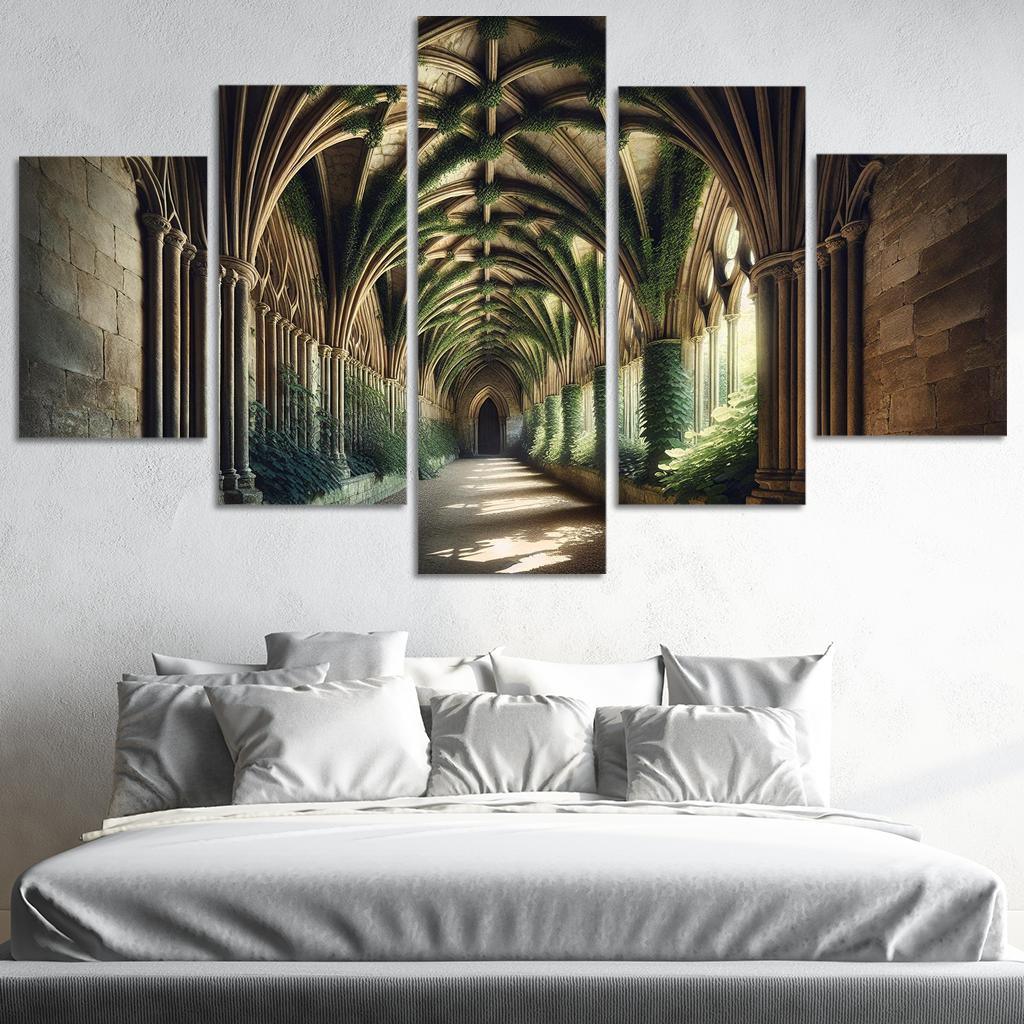 Gothic Cloister Embracing Nature's Shadows 5 Piece HD Canvas Wall Art-Original Frame