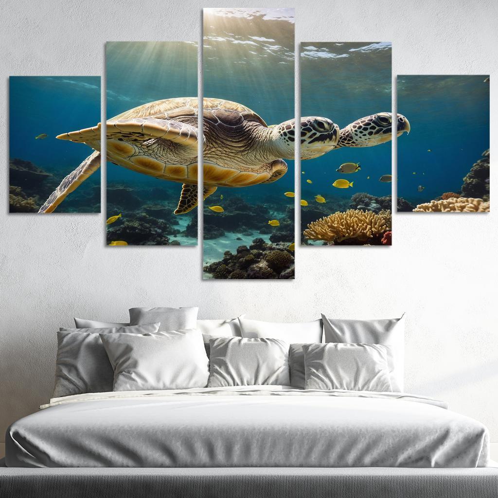 The Enigmatic Green Sea Turtle Gliding Through Coral Reefs Framed Paintings