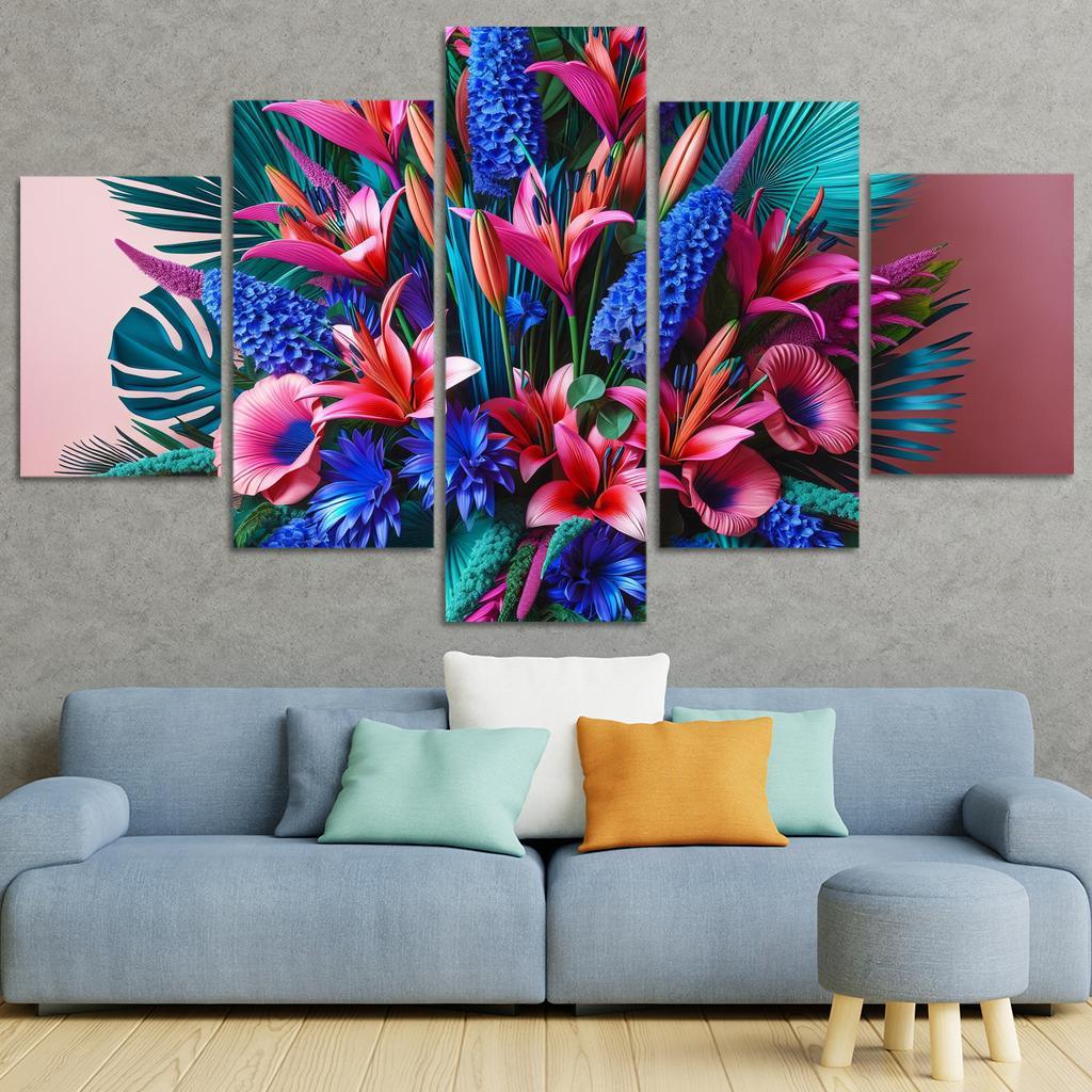 Glistening Tropics A Coastal Floral Experience 5 Piece HD Canvas Wall Art-Original Frame