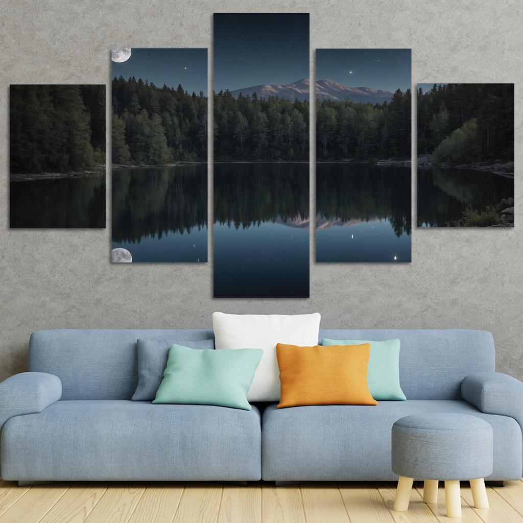 The Tranquil Reflections Of Midnight Lake Multi-panel Paintings