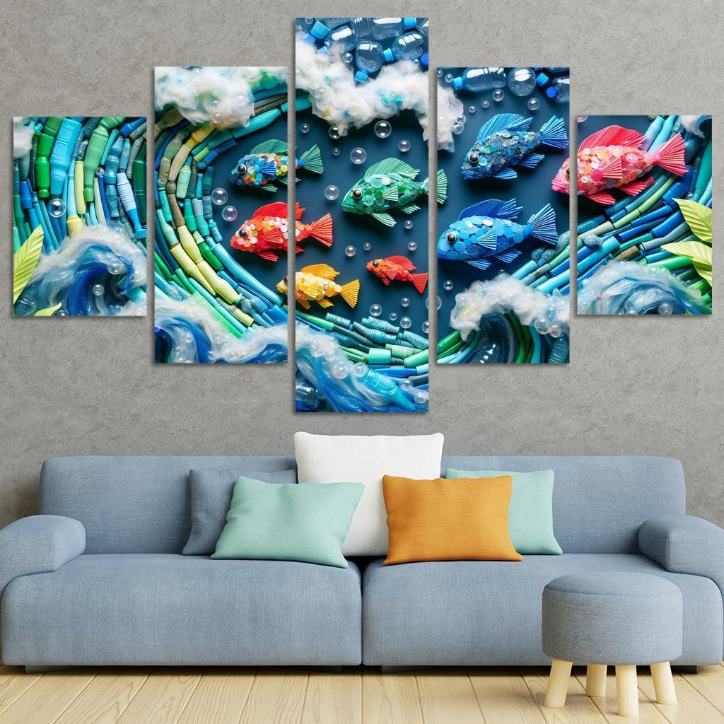 Plastic Ocean Art for Ocean Conservation 5 Piece HD Canvas Wall Art-Original Frame