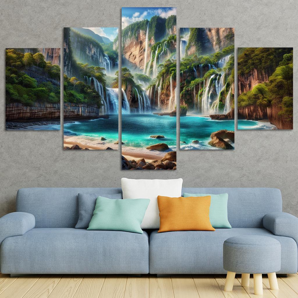 Cascading Waters Beach With Waterfalls Custom Paintings Frame