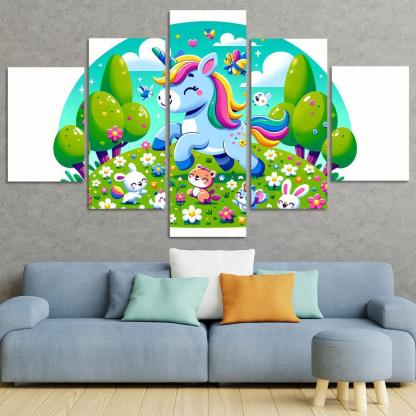 Rainbow Unicorn Friends 5 Piece HD Canvas Wall Art-Original Frame