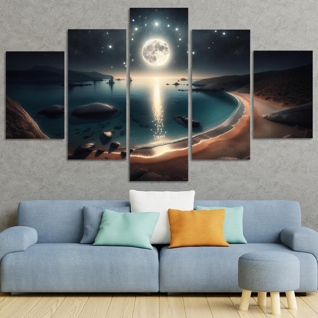 Moonlit Harbor A Coastal Retreat for Stargazers 5 Piece HD Canvas Wall Art-Original Frame