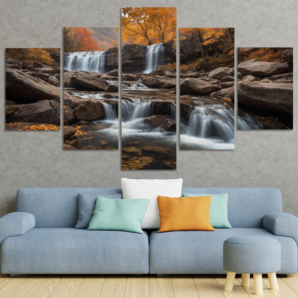 The Golden Cascade Of Autumn Waterfall Multi-panel Paintings