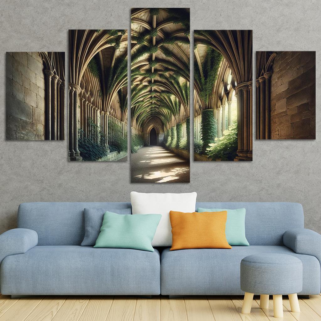Gothic Cloister Embracing Nature's Shadows 5 Piece HD Canvas Wall Art-Original Frame