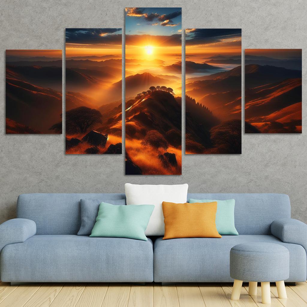 The Radiant Glow Of Sunrise Over Hilltops Custom Paintings Frame