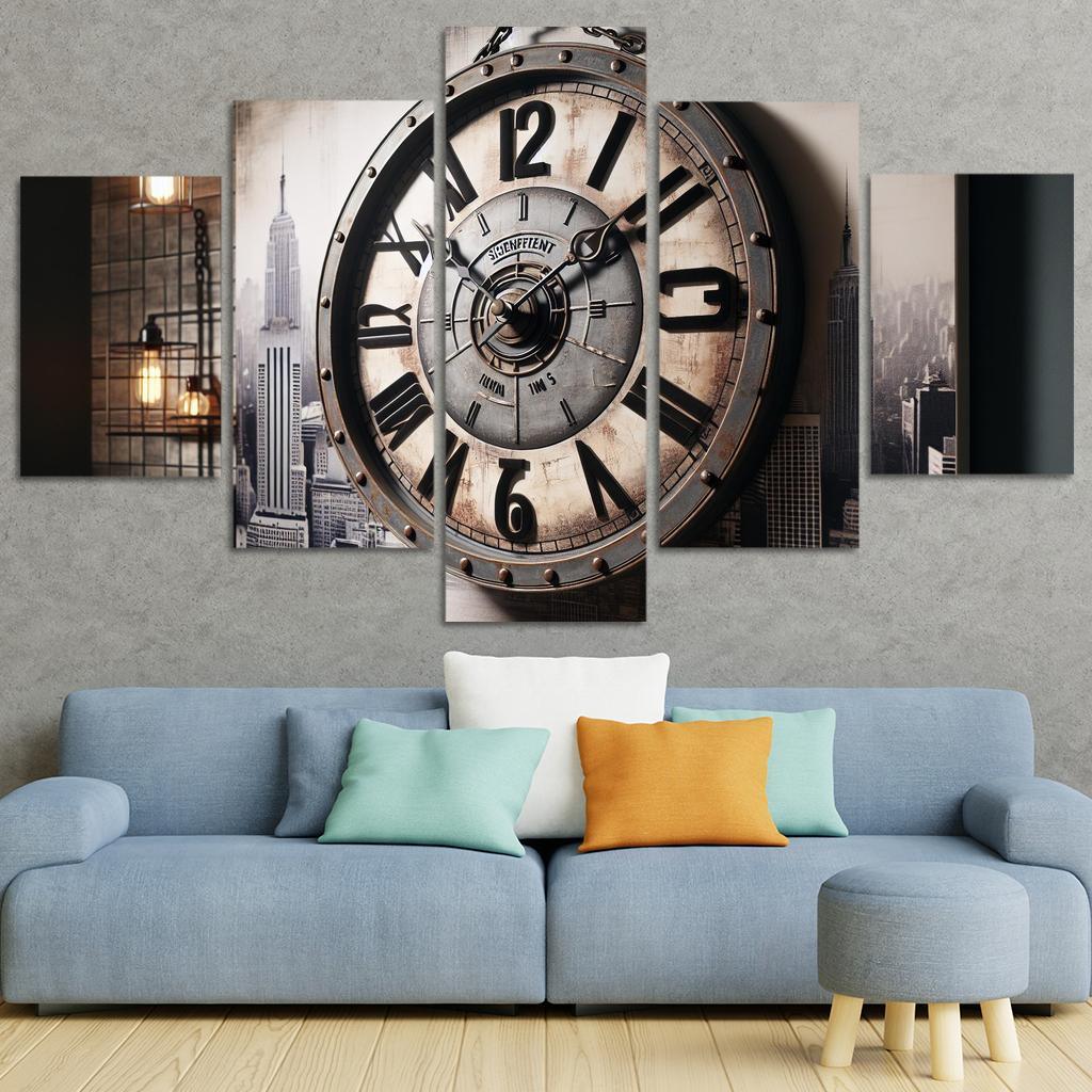 Industrial-Style Wall Clock with Distressed Finish 5 Piece HD Canvas Wall Art-Original Frame