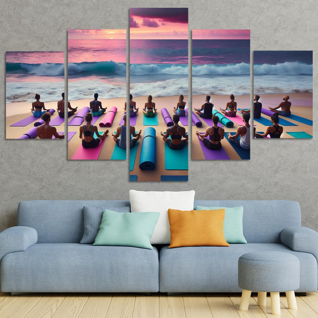 Waves Of Serenity Yoga On The Shore Modern Paintings Frame
