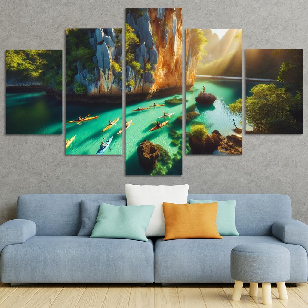 Emerald Shore Kayaking And Scenic Views Modern Paintings Frame