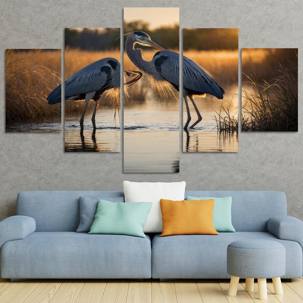 The Majestic Great Blue Heron By The Waterside Framed Paintings