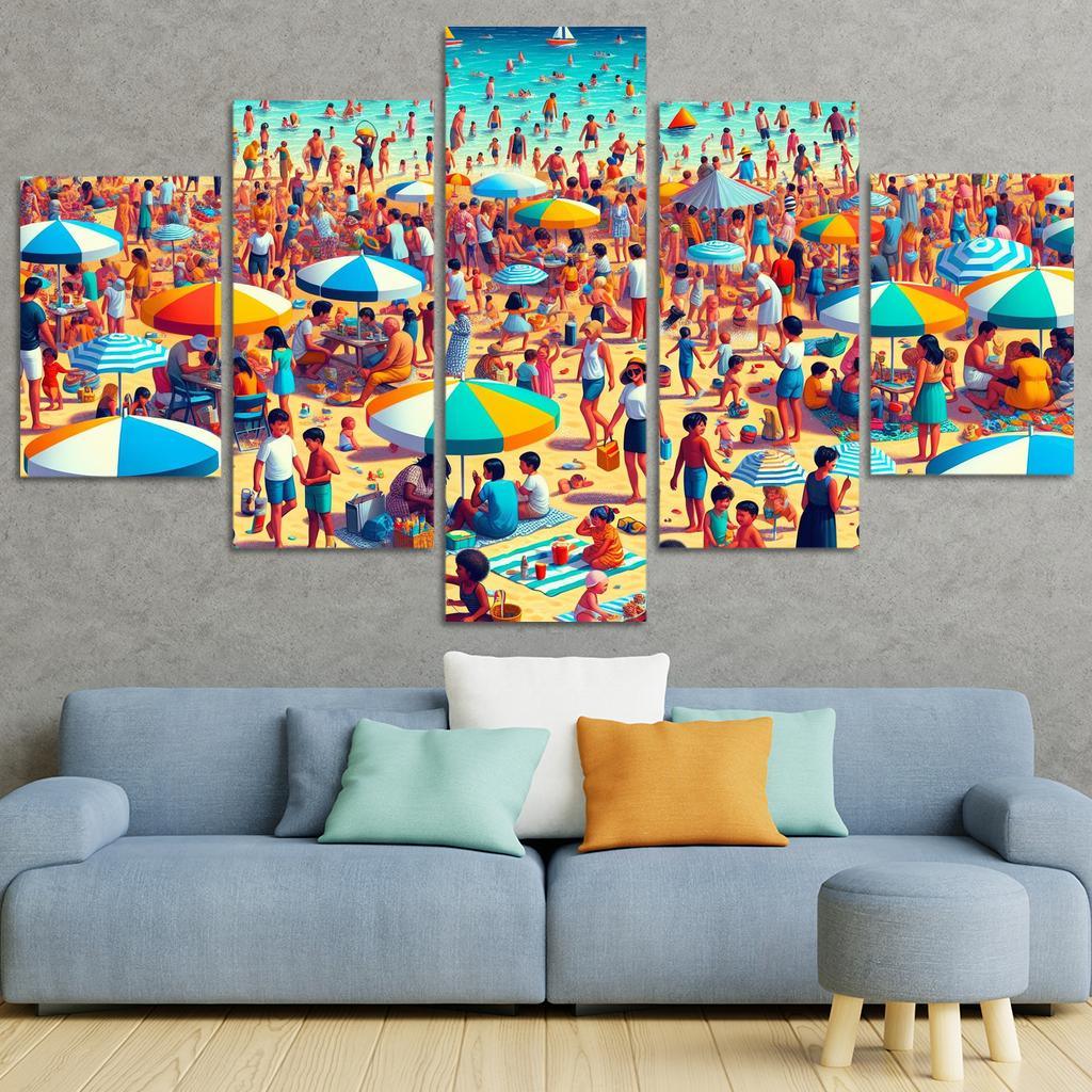 Colorful Haven Family Beach Activities Modern Paintings Frame