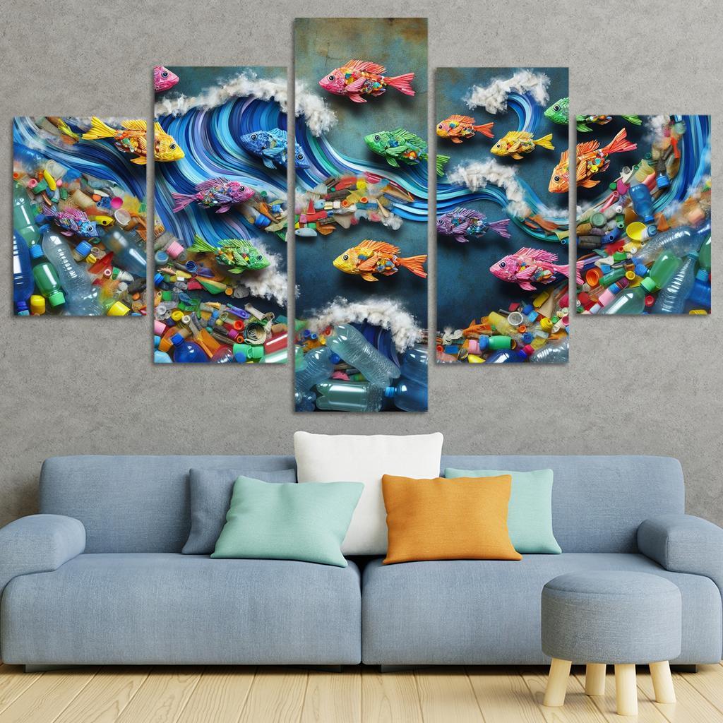 Plastic Ocean Art for Ocean Conservation 5 Piece HD Canvas Wall Art-Original Frame