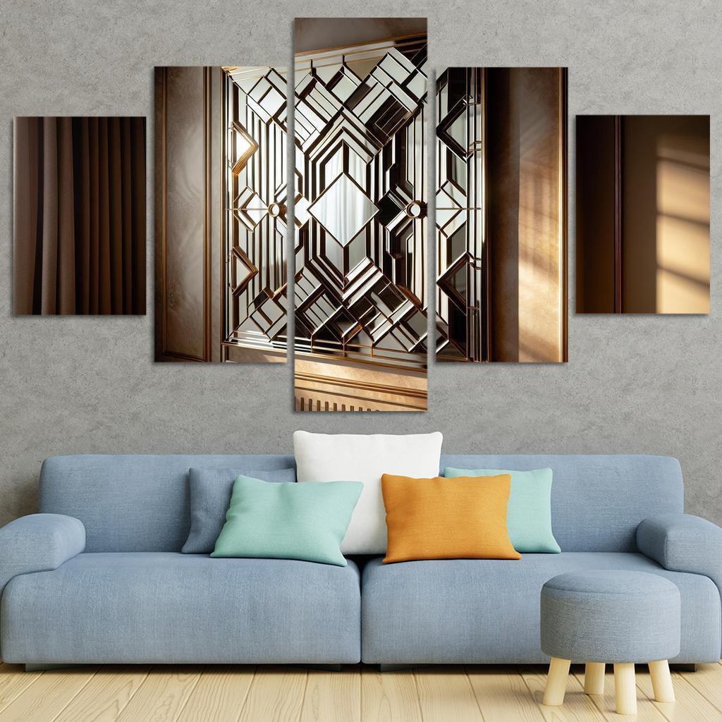 Art Deco Mirror with Geometric Design 5 Piece HD Canvas Wall Art-Original Frame