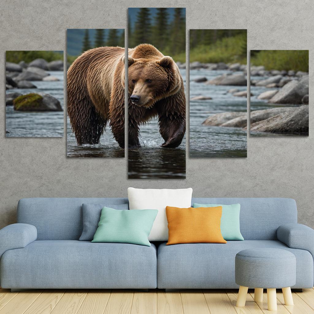 The Majestic Alaskan Brown Bear In A Mountain Stream Framed Paintings