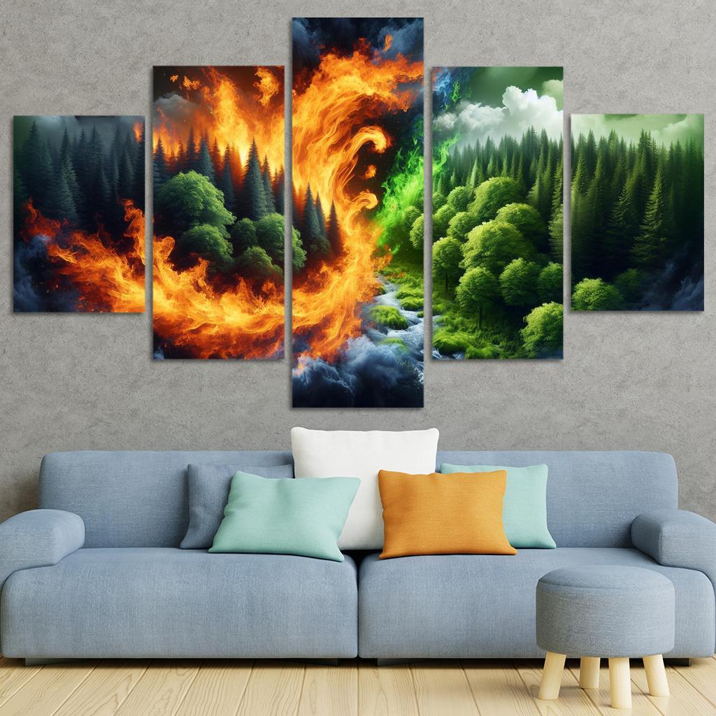 Flames of Awareness The Reality of Wildfires 5 Piece HD Canvas Wall Art-Original Frame