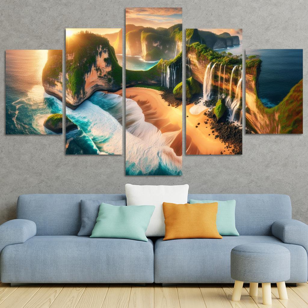 Cascading Waterfalls Beach Natural Wonder Oil Paintings Frame