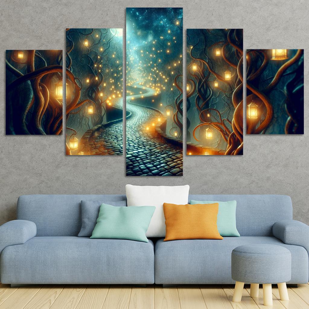 Moonlit Pathway The Journey of Shadows 5 Piece HD Canvas Wall Art-Original Frame