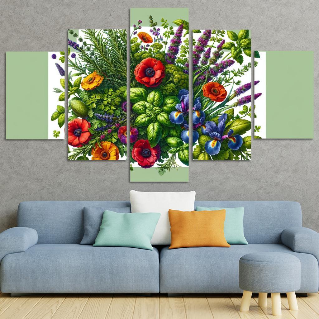 Aromatic Garden The Herb and Blossom Fusion 5 Piece HD Canvas Wall Art-Original Frame